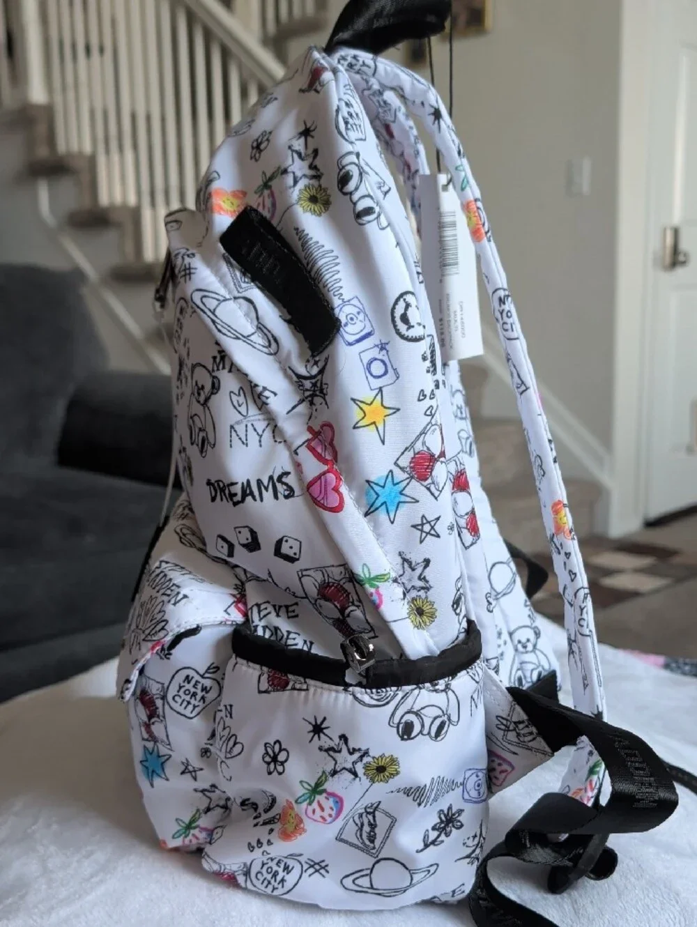 Steve Madden Kids White Doodle Backpack with Multicolor Accents